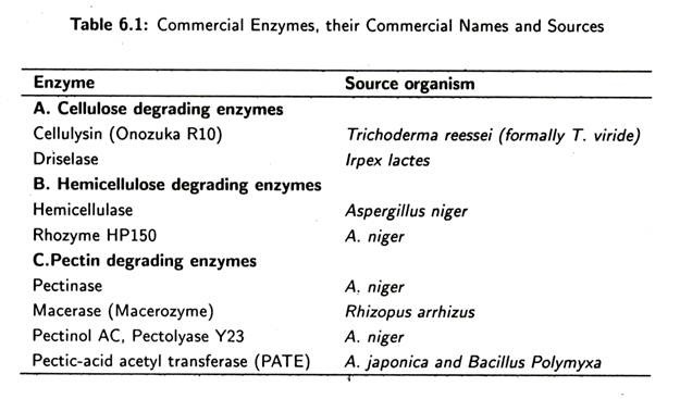 Commercial Enzymes, their Commercial Names and Sources