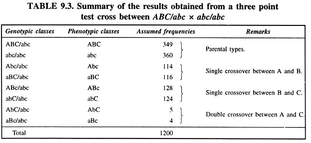 Summary of the result obtained from a three point test cross between ABC/abc x abc/abc