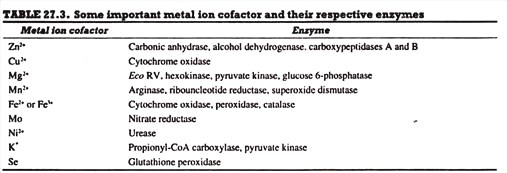 Some Important Metal Ions Cofactor and their Respective Enzymes
